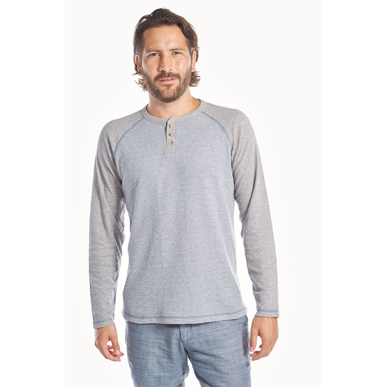 Men’s raglan thermal Henley shirt in grey